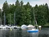 Великие озера Морван - Озеро Сеттонс (искусственное озеро), лодки на воде и лесистый берег; в Региональном природном парке Морван