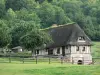 Вернье Суомп - Фахверковый дом с соломенной крышей (соломенная дача) в окружении зелени; в Региональном природном парке Петель Нормандской Сены