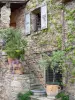 Кастельну - Фасад каменного дома и его кусты в горшках