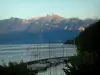 Мейерри - Деревья на переднем плане с видом на гавань и ее лодки (парусники), Женевское озеро и горы швейцарского берега