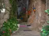 Сартен - Вход в гранитный дом с висящими горшками и растениями