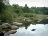 Сидобре - Скалы (блоки) озера Мерль, камыш и деревья леса, в Региональном природном парке Верхний Лангедок
