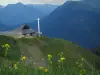 Супербаннеры - Высокая трава и полевые цветы на переднем плане, современная часовня горнолыжного курорта и горы Пиренеев