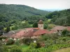 Юра пейзажи - Деревня Монтанья-ле-Рандес-Во с ее церковью (колокольней) и домами, садами, деревьями и лесом