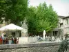 ゴルド - 噴水、カフェテラス、木々のある村の広場