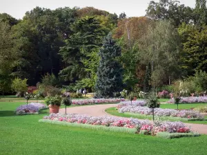 ソースの花の公園 - 花壇、芝生、私道と木