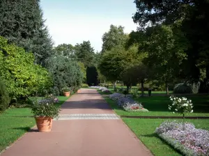 ソースの花の公園 - 花、芝生、木々が並ぶ路地