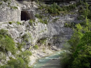 メージュの峡谷 - メージュ川、水辺の木々、岩壁、トンネルの入り口