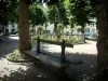 モントルイユ・シュル・メール - ベンチ、木々、花に囲まれた噴水のある日陰のある公園（庭園）