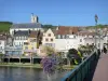 乔伊尼 - 圣蒂博教堂的钟楼和从Yonne桥上看到的旧城区的房屋