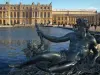 凡尔赛宫公园 - 雕像在前景，水床和城堡的盆地