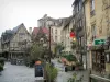 卡昂 - Rue du Vaugueux的房屋，餐馆，灯柱和灌木