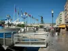 土伦 - Cronstadt码头与码头，路灯柱，雕像（导航天才），旗帜对齐，港口船（Darse Vieille）和城市建筑