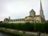 圣萨文修道院 - 修道院教堂及其石尖顶，修道院建筑，树木排列和河Gartempe