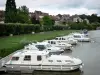 悲 - 河港与其停泊的船，罗纳河莱茵河运河，银行种植树木和城市的房子