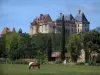 比龙城堡 - 城堡，树木和马在草地上，在佩里戈尔