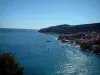 法国里维埃拉的海岸的风景 - 海，小船，滨海自由城和Mont-Boron的看法