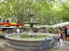 泽斯 - Place aux Herbes：喷泉，自行车，市场摊位和梧桐树