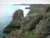 翡翠海岸的风景 - CapFréhel：陡峭的悬崖，崎岖而崎岖的海岸线，远处的海峡和La Latte堡垒