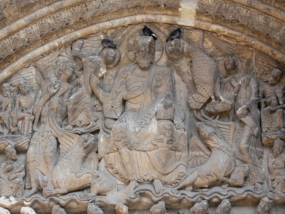 De abdij van Moissac - Abdij van Moissac: Abdij van Saint-Pierre de Moissac: timpaan gesneden (Christus in majesteit) van de Romaanse kerk van St. Peter