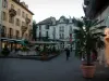 Aix-les-Bains - Häuser, Brunnen dekoriert mit Blumen, Sträucher und Kaffeeterrassen einer Fussgängerstrasse