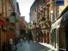 Albi - Rue piétonne pavée, boutiques, maisons en brique et hôtel de ville (mairie)