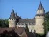 Guía de Alto Vienne - Castillo de Coussac-Bonneval - Castillo, con sus torres y tejados de las casas en el pueblo