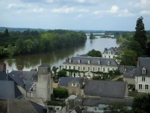 Amboise - Casas da cidade, rio (Loire), árvores e nuvens no céu
