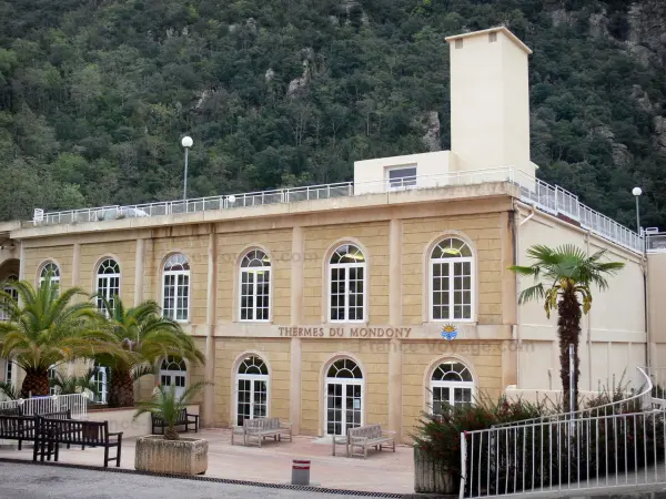 Amélie-les-Bains-Palalda - Spa town and resort: facade of the Mondony spa establishment (thermes) and palm trees