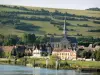 Les Andelys - Saint-Sauveur church of Gothic style and houses of Petit-Andely, river Seine and meadows