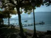 Annecy lake - Bench and trees on the shore with view of the lake and its wooden pontoons, boats, buoys and hills