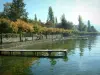 Annecy lake - Wooden pontoons of the lake, shore, and trees with autumn colours