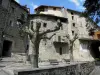 Annot - Città Vecchia: piazza con alberi e facciate di case