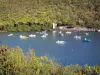 Anse a la Barque - Vista da enseada na barca e seus barcos flutuando nas águas do mar do Caribe