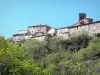 Antraigues-sur-Volane - Vue sur le clocher de l'église Saint-Baudile et les maisons du village perché entouré de verdure ; dans le Parc Naturel Régional des Monts d'Ardèche