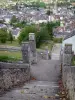 Argenton-sur-Creuse - Escaliers en contrebas de la terrasse de la chapelle de la Bonne-Dame avec vue sur le clocher de l'église Saint-Sauveur et les maisons de la vieille ville