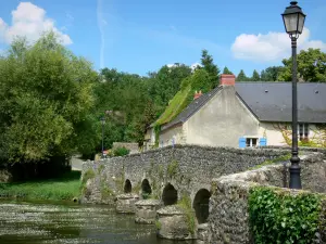 Asnières-sur-Vègre - Vieux Pont de style roman enjambant la rivière Vègre, lampadaires, verdure et maisons du village médiéval