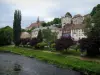 Aubusson - The River Creuse, bank, trees, Sainte-Croix church and houses of the city