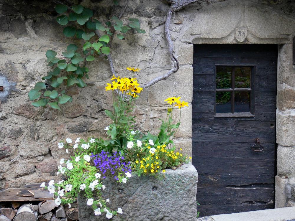 Guide d'Auvergne-Rhône-Alpes - Moulin Richard de Bas - Site du moulin à papier : porte d'entrée d'un bâtiment et fleurs ; sur la commune d'Ambert, dans le Parc Naturel Régional Livradois-Forez