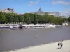 Banks of the Seine river - Stroll along the Seine river, view of the glass roof of the Great Palace and Bateau-mouche boats