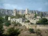 Bargeme - Ruínas do castelo feudal com vista para as casas de pedra da aldeia, rostos de rocha ao fundo (Parque Natural Regional de Verdon)