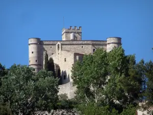 Le Barroux - Bäume und Schloß, ausgestattet mit Türmen