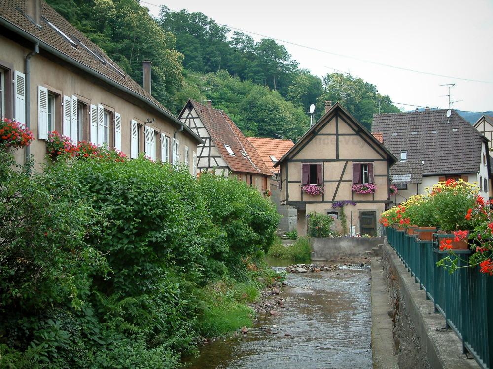 Guide du Bas-Rhin - Andlau - Maisons aux fenêtres décorées de géraniums au bord de la rivière et berge fleurie