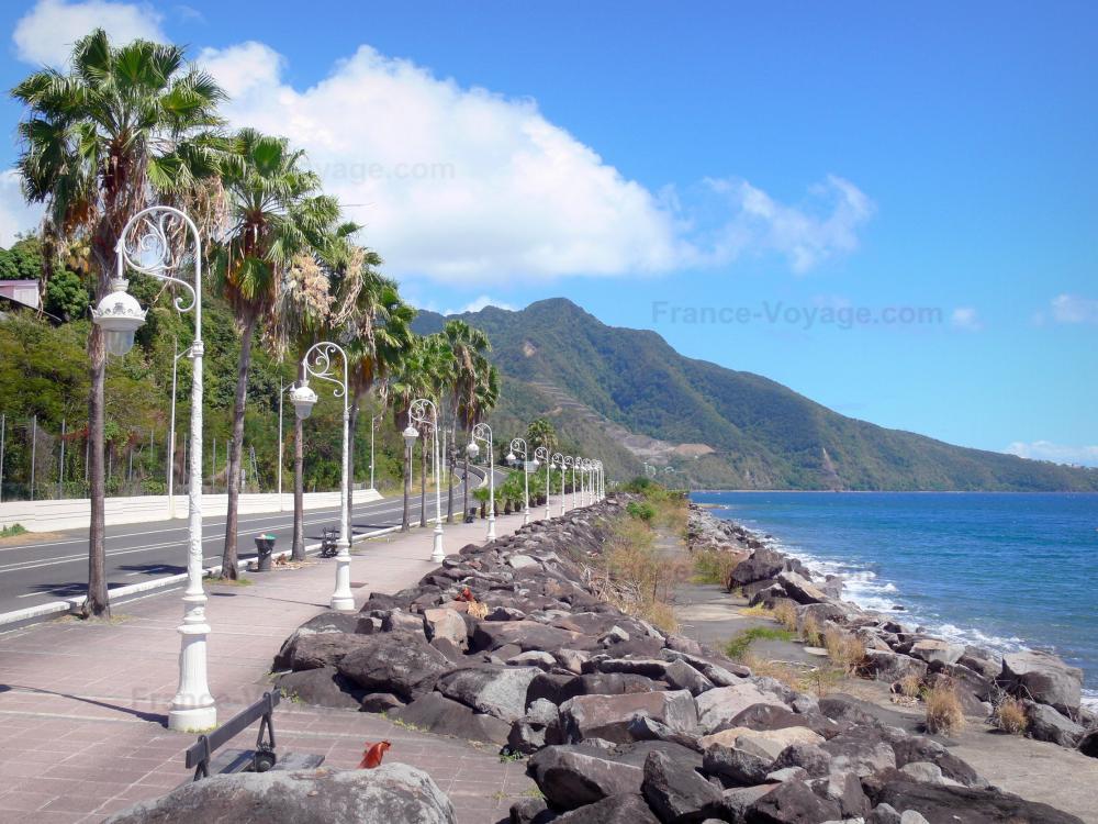 Basse-Terre - Promenade du bord de mer agrémentée de palmiers avec vue sur les monts Caraïbes