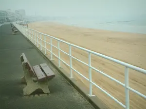 La Baule - Promenade geschmückt mit Sitzbänken, Sandstrand des Badeortes und Meer (Atlantischer Ozean)