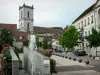 Baume-ле-ДАМ - Колокольня церкви Сен-Мартен, фасад ратуши, дома, деревья, цветущая площадь (цветы) и струя воды