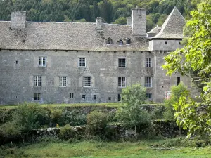 La Baume castle - Facade of the castle surrounded by greenery; in the town of Prinsuéjols