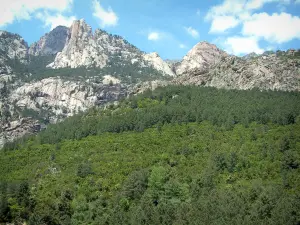 Bavella Massif - Floresta, montanhas de granito e nuvens no céu