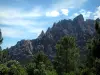 Bavella-Massiv - Bäume, Kiefern, Granitspitzen (Berg mit gezacktem Bergrücken) und Wolken im Himmel