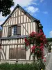 Le Bec-Hellouin - Façade d'une maison à pans de bois ornée d'un rosier grimpant en fleurs